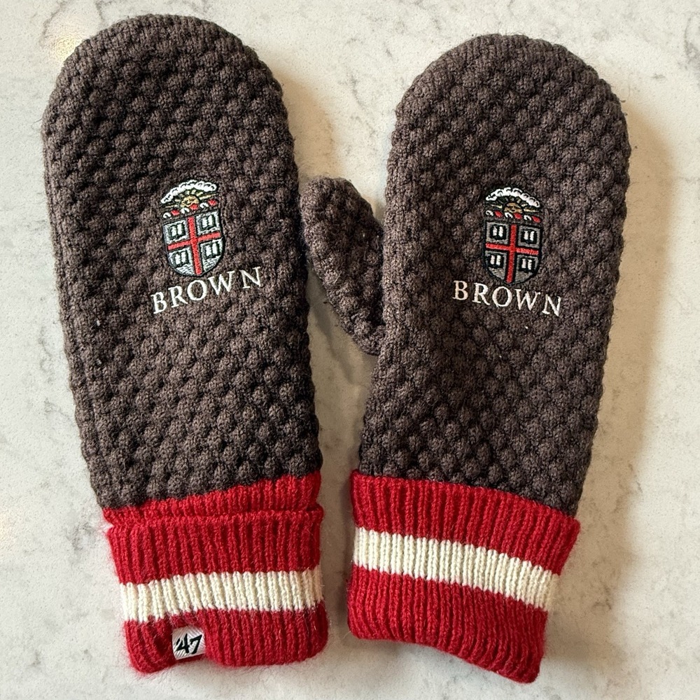 Brown University Logo Puff Stitch Knit Mittens Red White Cuffs • 47 Brand Womens